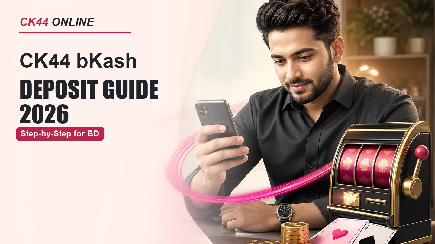 বাংলাদেশি তরুণ, স্মার্টফোন ও গোলাপি স্লট উপাদানসহ CK44 Online bKash ডিপোজিট গাইড ব্যানার